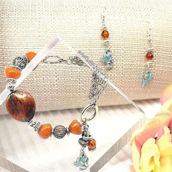Amber & Patina Angel 3pc Jewelry Set w/Sterling Silver, Glass, Acrylic Beads - Picture 2 of 10